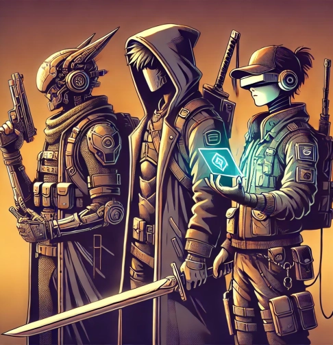 DALL·E 2025-02-24 19.02.13 - Uma ilustração com pouca saturação apresentando três personagens originais inspirados no mundo dos games e aventura. O primeiro é um guerreiro cyberpu