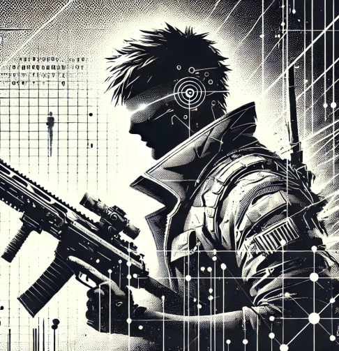 DALL·E 2025-02-24 19.02.25 - Uma ilustração com baixa saturação mostrando um personagem solitário em um universo de games e ficção. Ele é um caçador de recompensas digital, us